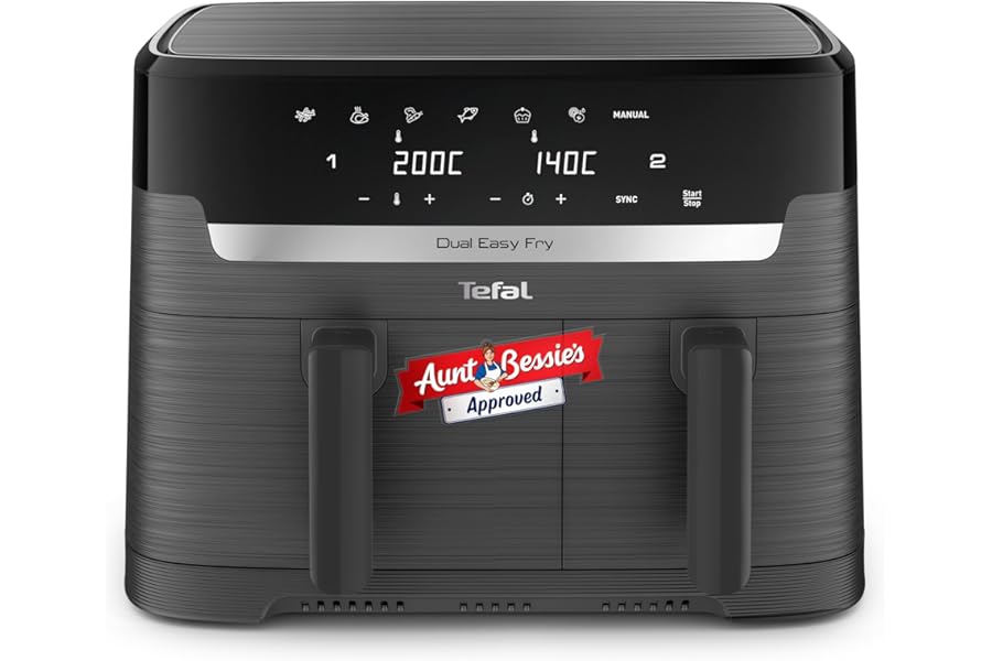 Tefal Easy Fry Dual Zone Digital Air Fryer, 2 Drawers, 8.3L, 8in1, Air Fry, Extra Crisp, Roast, Bake, Reheat, Dehydrate, 6 Portions, Non-Stick, Dishwasher Safe Baskets, Coal Grey - EY901HG0