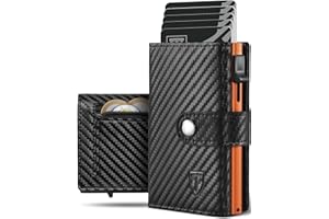 Tomylv Portafoglio Uomo Slim RFID Blocking, Fibra di Carbonio Porta Carte di Credito Uomo - ID Window, Tasca Portamonete con Cerniera, Scomparto per Banconota, Confezione Regalo - Nero Arancione