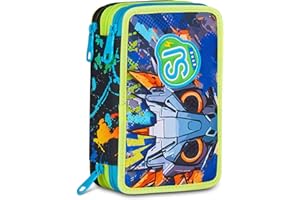 SJ GANG STYLE JAM GANG Astuccio Scuola 3 Zip Led Look, Blu, Portapenne Triplo Scomparto Completo Di Penne, Matite, Colori, Accessori Zaino, Scuola Elementare, Bambino