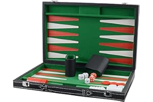 BUCHER&ROSSINI Backgammon Koffer 15" Klassisches BackgammonSpiel Backgammon-Reise für Erwachsene Kinder mit schwarzem Leder außen und grünem Innenfutter(Grün)