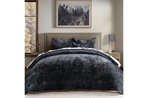 EVERGRACE Samt-Steppdecken-Set für Queen-Size-Bett, luxuriös, weich gestreift, leichte Samtdecke für alle Jahreszeiten, übergroße Tagesdecke mit 2 passenden Kissenbezügen, Schwarz