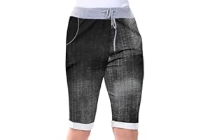 Love My Fashions® Women's Italian Shorts Ladies Summer Cotton Turn-Up 3/4 Cropped Printed Trousers Elasticated Drawstring Knee-Length Denim Magic Shorts