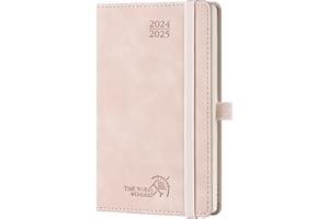 POPRUN Agenda 2024 2025 Pequeña de Bolsillo 16 x 10,5 cm, Una Página por Semana con Una Página de Notas 17 Meses de Ago.2024 a Dic.2025, 100 GSM Papel, Rosa Pálido