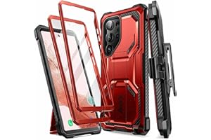 i-Blason Etui do Samsung Galaxy S23 Ultra 5G (2023), 2 ochraniacze ekranu przedniego (bez folii + z folią), składany uchwyt, klips do paska [Armorbox] Wytrzymała ochrona przed wstrząsami (czerwony)