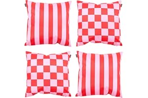 Bean Bag Bazaar Outdoor Cushions Filled, Stripe Collection, Checkerboard Pink, Reversible Print, Set of 4, 43cm x 43cm, Water Resistant, Pink Outdoor Cushions for Garden Furniture, Garden, Patio