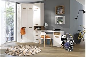 MARMEX MEBLE Marmex Kinderzimmer Komplettes Set Grant 11, im Set: Eckschrank + hohes Standregal mit Verlängerung, Schreibtisch 110 cm, 2X Wandregal - Farbe Weiß + Riviera Eiche