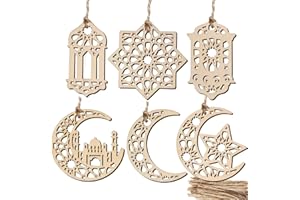 BETESSIN 24 Stück Ramadan Holz Anhänger 8cm Eid Mubarak Hängende Ornamente mit Ramadanlaterne Mond Stern Form Ramadan Dekoration für Islamisches Fest Ramadan Eid Deko Wand Tür Fenster usw.