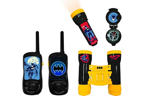 Lexibook, Batman, Set d’aventurier Complet pour Enfant, Talkie-Walkies 120m, Jumelles, Lampe-Torche, Boussole, Bleu/Jaune, RPTW11BAT