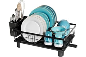 MAJALiS Egouttoir Vaisselle, Egoutoire Vaisselle Cuisine Noir en Acier Inoxydable avec Porte-Ustensiles, Vidange