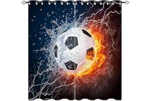 ‎YUANZU YUANZU Fußball Vorhänge Soccer Ball in Feuer und Wasser Ösen Gardinen mit Blickdichte Vorhang Kälteschutz Blackout Curtain Kinderzimmer Schlafzimmer Verdunkelung Fenster, 2 Stück, H 114 x B 132 cm