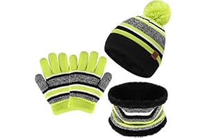 Bequemer Laden Enfants Hiver Tricoter Chaud Bonnet Chapeau Echarpe Gants Ensemble pour Garcon Fille 2-7 Ans avec Doublure Polaire Pompon