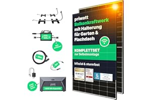 priwatt® Duo Balkonkraftwerk mit Speicher für Garten & Flachdach [880 Wp] - Solaranlage Komplettset zur Selbstmontage - 2 bifaziale Solarmodule mit Wechselrichter, Solarspeicher & Halterung
