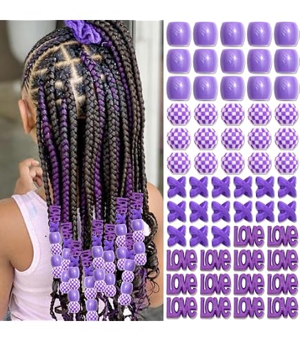 Auroriel 60 perles à cheveux pour enfants filles tresses rondes violet blanc transparent acrylique 4 styles avec aide-enfilage
