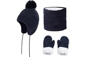 CheChury Sombrero de Invierno Bufanda para Niñas Niños Gorro y Bufanda Mitones de Punto Bebés y Niños Pequeños Gorro de Invierno con Color Puro Sombrero de Pompón Niñas Niños 1-6 Años