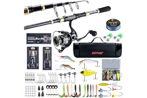 Goture Ensemble de pêche complet avec Canne à pêche télescopique en fibre de carbone (24T), 1,8 m/2,1 m/2,4 m/2,7 m | Moulinet de pêche 5,2:1, Ligne 150 m/14 kg