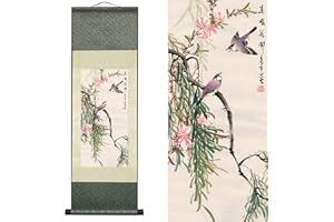 VALART Seide Scroll Malerei Asiatisch Wand Dekoration Vögel und Blumen - Elster - Frühling Blüten Schön Chinesische Kunstwandrolle Hängende Bildrolle Orientalisches Dekor (92 x 30 cm)