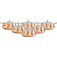 Indian Art Villa Steel Copper Hammered Design Handi/Bowl/Casserole With Toughened Glass Lid & Brass Knob & Handles, Volume-400 ml, Pack of 6