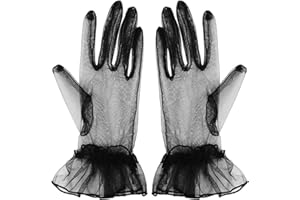 YOLEV Women's Black Lace Gloves Ruffled Sheer Gloves Short Tulle Mesh Opera Glove for Wedding Dinner Dance Tea Party Halloween