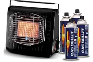 Gas Bullet ® Keramik Gasheizung 2 kW - Effizienter Gasstrahler für Camping, Outdoor & Wohnwagen-Standardisiertes Bajonett Ventil 227g-Flammenregler, Piezo-Zünder (Gasheizung+4Kartuschen)