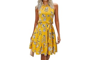 Newshows Women's Summer Halter Neck Dresses Floral Print/Solid Sleeveless Ruffle Party Sundress with Pockets