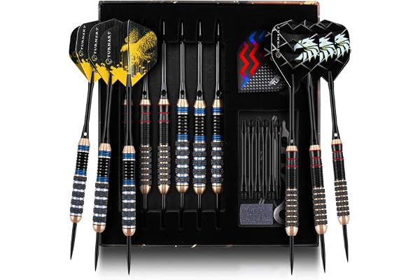 Turnart Fléchettes Pointe Acier, Jeu de fléchettes en Laiton pour Jeu de fléchettes en soies, 3 pièces de 20 grammes et 3 pièces de 22 grammes avec 21 Vols supplémentaires