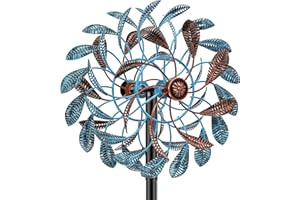 GOUISALIN Moulin à Vent Solaire, Sculptures cinétiques à Vent à Lame Double Direction pour l'extérieur, Moulin à Vent Cinétique Éoliennes décoratives pour terrasse pelouse et Jardin (Bleu Brun)