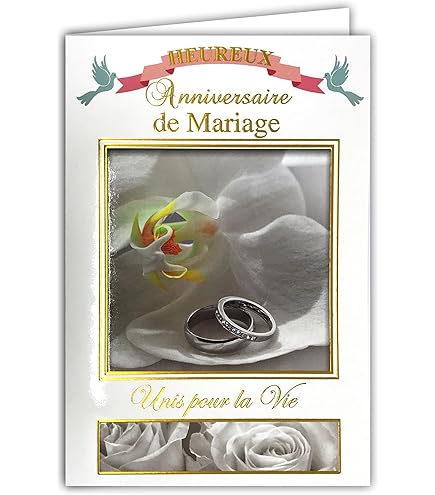 AFIE Biglietto felice anniversario di matrimonio unito per la vita in oro dorato congratulazioni coppia anelli anelli amore amore romantico fiori noci