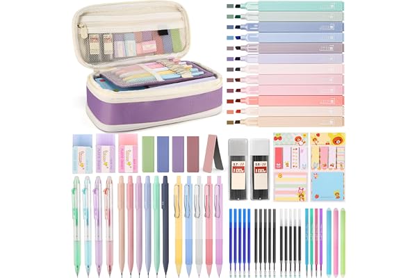 DazSpirit 62 Set de Papeterie Aesthetic avec Trousse Pliable, 12 Surligneurs Pastel, 4 Stylos Effaçables, 5 Stylos Gel, 6 Porte-mines, Notes Adhésives – Fournitures Scolaires pour Étudiants (Violet)