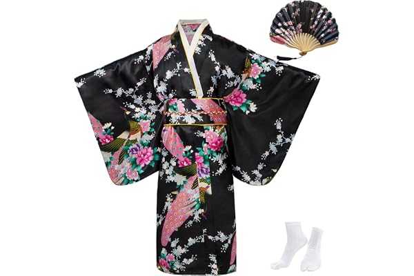 Kimono Japonais Fille à Double Couche Motif Paon avec Obi et Coussin Dorsal - Ensemble Déguisement Fille avec Éventail et Chaussettes Tabi - Kimono Enfant Cosplay pour Carnaval, Spectacle et Fête