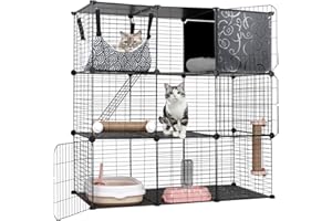BriSunshine Jaula Interior para Gatos, Recinto DIY de 3 Niveles Con Gran Hamaca, Casa de Alambre Metálico, Catio Con Bandeja Sanitaria, Cama, Rascadores, Bol y Escaleras para 1-2 Gatos