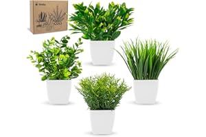 WOLTOY 4 Pcs Mini Fake Plants in Pots, Small Artificial Plants Indoors, Greenery Grass, Eucalyptus, Rosemary, Plastic Faux Plants Potted for Office Desk Bedroom Kitchen Bathroom Home Decoration