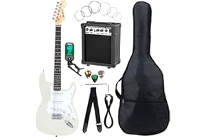 McGrey Rockit ST Komplettset E-Gitarre (8-teiliges Anfängerset mit Gitarre, Verstärker, Ersatzsaiten, Gitarrentasche, Stimmgerät, Plektren, Gurt und Gitarrenkabel) White