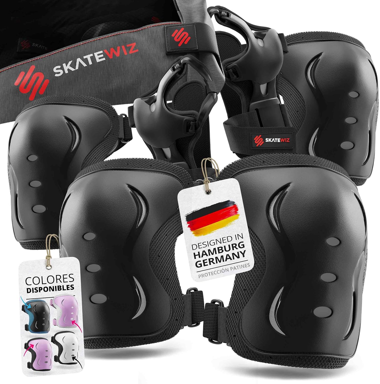 SKATEWIZ Protecciones Patines Set - Para Niño, Niña, Adolescentes y Adultos [6 piezas] con Rodilleras y Coderas Muñequeras - Protecciones Patines Niño