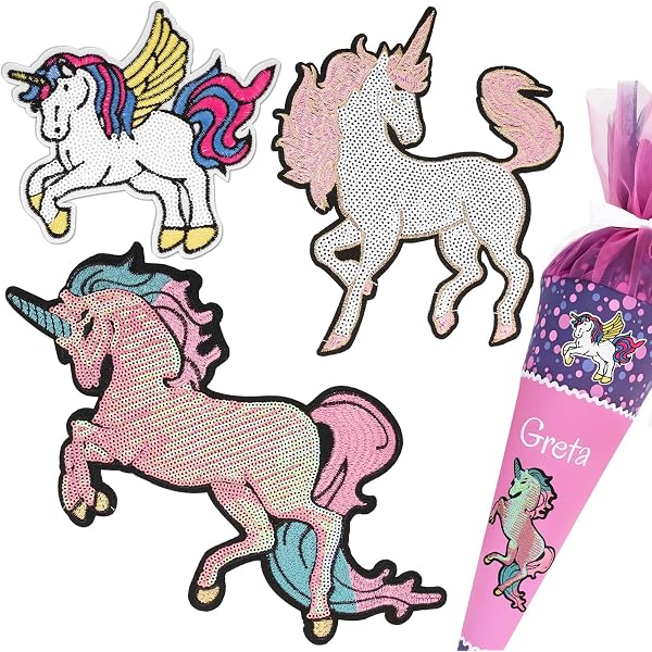 Einhorn-Patch-Set Mit 3 Aufnähern / Aufbüglern | Größen 40x25mm Bis 80x50mm | Für Kleidung & Accessoires