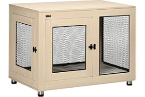PawHut Hundekäfig Möbel mit 2 Türen waschbaren Kissen Moderne Stahl Hundebox für Zuhause Indoor Hundehütte für große Hunde bis zu 30 kg Hundehaus 94x60x71,5 cm Eiche