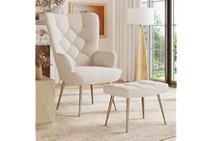 Aivermeil Armchair Tub Chair,with Footstool,High back with gold legs Comfy,Velvet Chair, for Bedrooms, Living rooms,Relaxation,150kg Load Capacity Cream