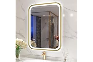S'bagno Bathroom Mirror with LED Lights with Golden Aluminum Alloy Frame, 80x60cm Rectangular Illuminated Bathroom Mirror Wall Mounted with Defogging/ 3 Colours/Memory/ IP44, Horizontal/Vertical