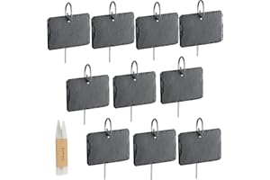 Dimoxii 10 Pcs Étiquettes Plantes en Ardoise pour Plantes, Marqueurs de Plantes de Jardin,Étiquettes Naturelles avec Piquets en Métal et Stylos à Craie pour Cour, L'extérieur &Serre