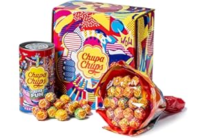 Chupa Chups Gift Box, Confezione Regalo con Flower Bouquet da 19 Lollipop e Mini Latta Salvadanaio da 16, 35 Lecca Lecca Gusti Assortiti alla Frutta