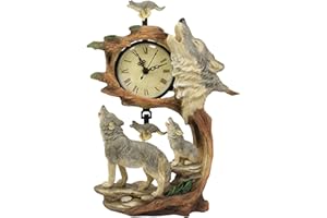 EBROS GIFT Ebros Moon Dancers Howling Gray Wolves Family Table Clock with Pendulum Alpha Wolf and Cub by Tree Forest Habitat Desktop Clocks Figurine