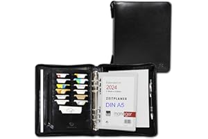 ALMADIH Carpeta de cuero A5 con cremallera Calendario 2024 + Bloc notas agenda Personal Organizador Diario Cartera de conferencias Maletin Carpeta de anillas portadocumentos Cuaderno Negro