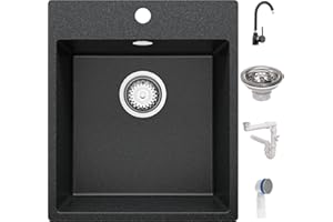 Spülbecken Schwarz 43x50 cm, Granitspüle + Ablauf-Set + Küchenarmatur 5000, Küchenspüle für 45er Unterschrank, Einbauspüle von Primagran