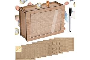 Alyvisun Drewniana Skarbonka z Naklejkami, Gotówkowa Świnka Skarbonka Wielokrotnego Użytku Skrzynka Oszczędnościowa z Licznikiem Wyzwanie Oszczędnościowe, Skarbonka na Monety dla Dzieci i Dorosłych