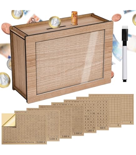 Yeelan SparBox, spaarpot met cijfers, 10.000 euro, retro houten vakantiekassa, biljetten voor volwassenen en kinderen, 20 x 14,5