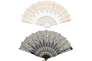 Homiladi Hand Fan Folding 2 PCS Lace Floral Bride Fan with Rose Design | Rave Fan | Elegant Foldable Handheld Fan for Wedding, Party, Church & Dance Decoration (Black, white)