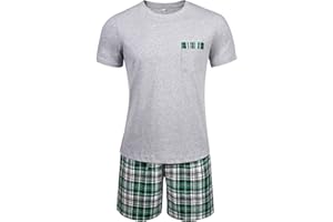 Winovia Schlafanzug Herren Kurz Pyjama 100% Baumwolle Kurzarm Nachtwäsche Nightwear Set mit Rundhals Design und Karierter Hose