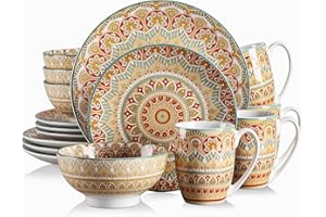 vancasso 16 Pieces Porcelain Dinner Set for 4 - Mandala Dinnerware Dish Set Artisanal Pieces with 10.5in Dinner Plate, 8in Dessert Plate, 6in Bowl and 13oz Mug, Boho Yellow Tableware