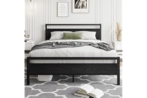 HOJINLINERO 4ft6 Double Bed Frames with Wooden Headboard,Metal Platform Bed Frame Double Bed Base No Box Spring Needed,Mattress Foundation,Industrial Enhanced Steel Slats Support For Adults,Black Bed