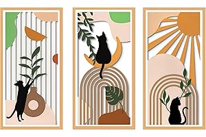 HUASUN 3 Piezas Decoración de Pared Boho, Escultura de Pared en Madera, Panel de Pared con Diseño Láser de Gatos, Luna, Sol y Hojas Tropicales para Salón, Dormitorio u Oficina (Gato elegante)