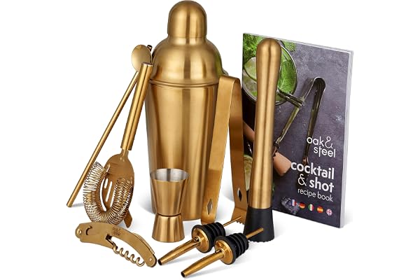 Oak & Steel - 10 delar av rostfritt stål guld Cocktail Making Gift Set - Komplett Shaker MixologyTool med receptbok för Home Bar Party